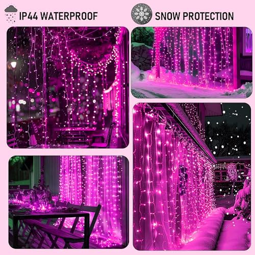 Pink LED Curtain String Lights with 8 Modes for Indoor Outdoor Decor, 300 LEDs