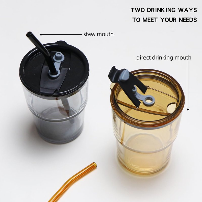 OUDASPV 15oz/450ml Glass Cups with Lids and Straws, Leak-Proof Thick Wall Tumbler Water Glass, Reusable Iced Coffee Cups for Cold & Hot Drinks, Coffee, Tea, Shake (Amber)