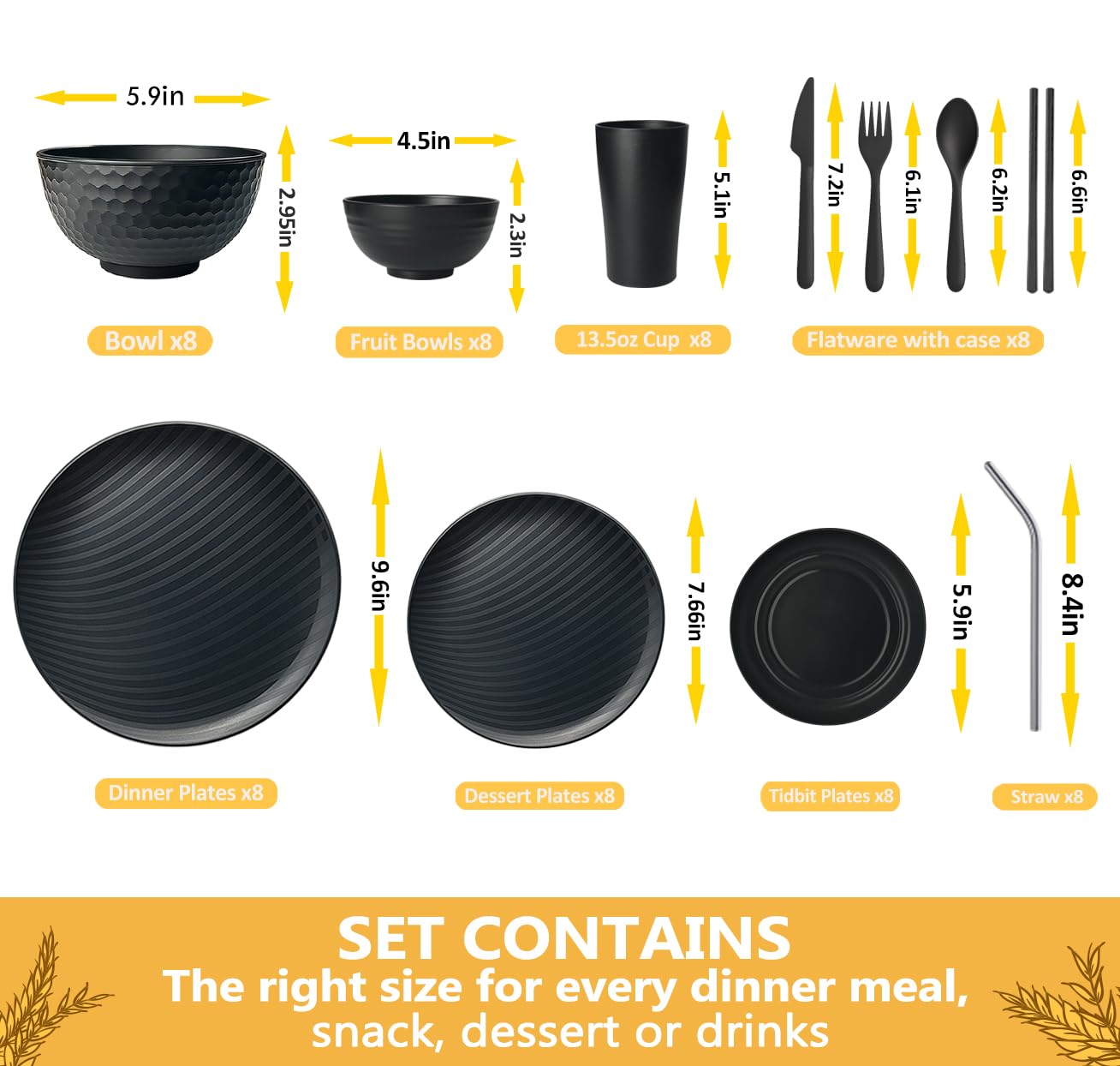 Teivio 88-Piece With Flatware Kitchen Plastic Wheat Straw Dinnerware Set for 8, Dinner/Dessert/Appetizer Plates, Cereal Fruit Bowls, Pasta Bowls, Cups, Unbreakable Dishwasher Safe Outdoor Dish, Black