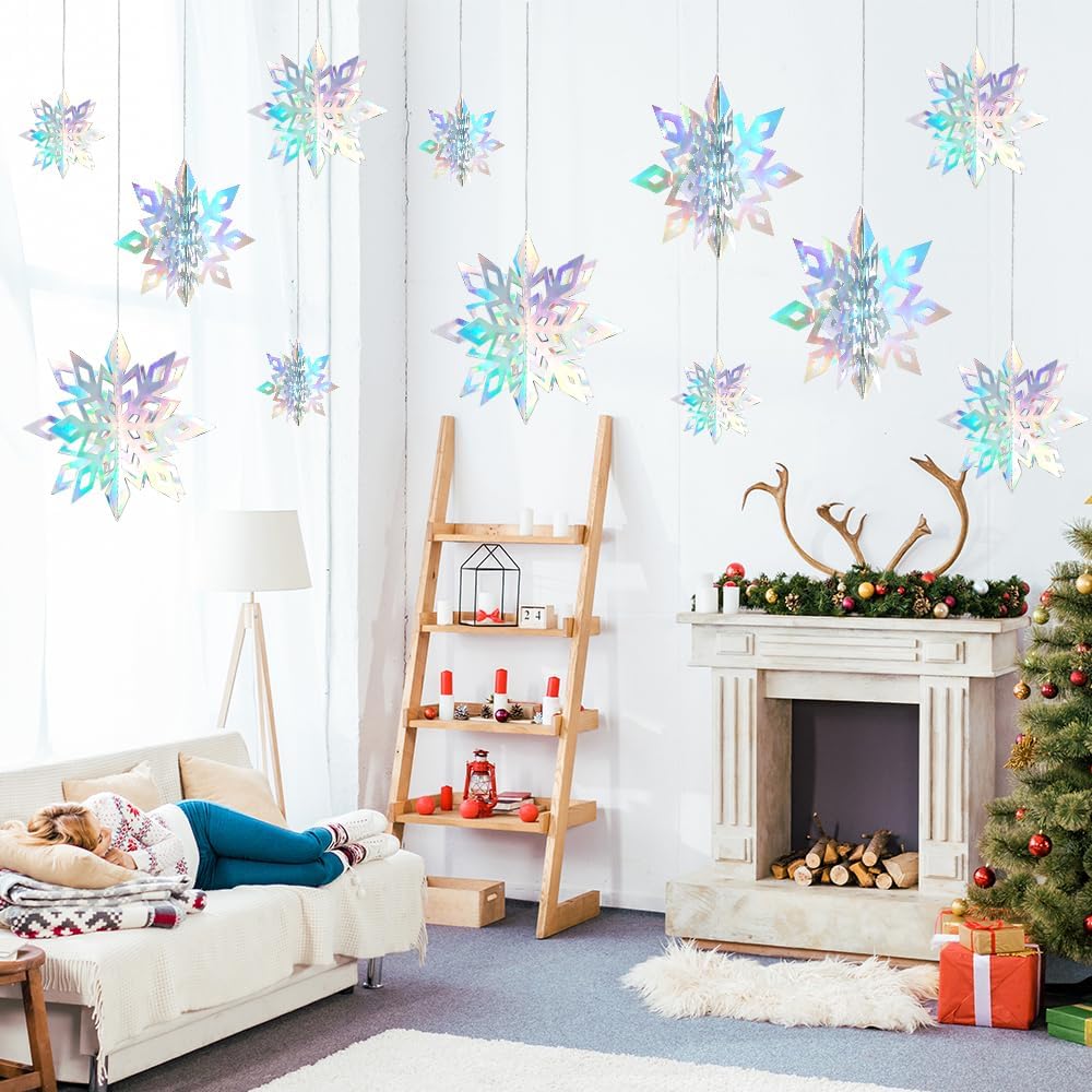 Skiennix 12PCS 3D Christmas Snowflake Decorations - Glittering Holographic Silver Ornaments for Winter Wonderland Decor
