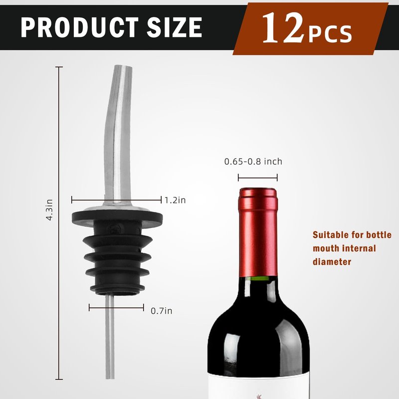 Ortarco 12 PCS Liquor Pour Spout with Dust Caps, Stainless Steel Pour Spouts for Liquor Bottles, Sealed Bottle Pourers for Alcohol (Silver, 12)