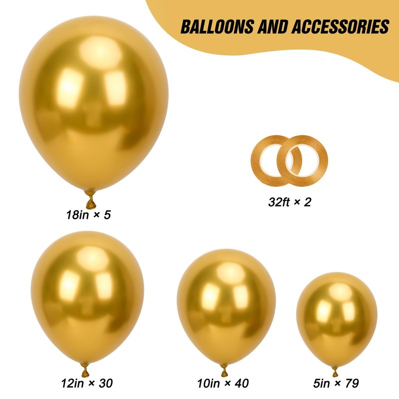 RUBFAC 154pcs Metallic Gold Balloons Different Sizes 18 12 10 5 Inch, Latex Balloon Garland Arch Kit for Birthday Party Graduation Wedding Holiday Decoration