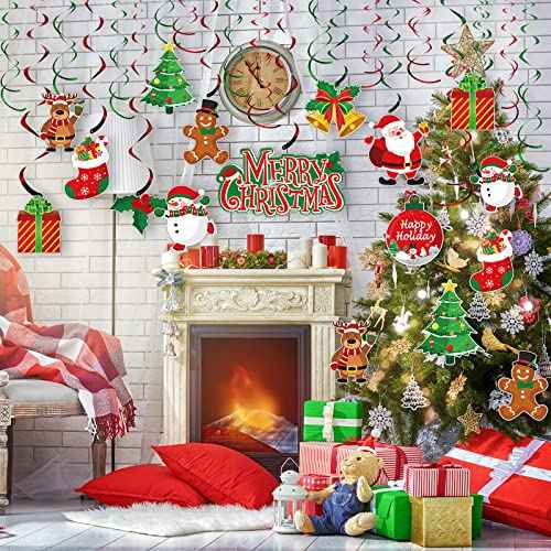 30 Pcs Christmas Swirl Ceiling Hanging Decorations Set Xmas Holiday Snowman Elk Sign Hanging Foil Indoor Decorations for Ceiling Xmas Holiday Party Supplies (Santa Bell Snowman)