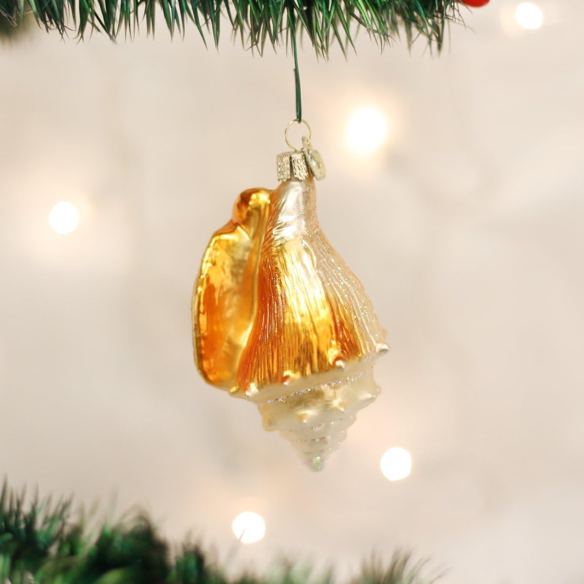 Beach Shells Glass Blown Ornaments for Christmas Tree - Junonia Shell, Tan/Brown/White/Gold
