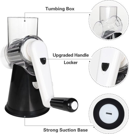 Cambom Rotary Cheese Grater - Hand Crank Shredder for Fresh Cheese, Veggies & Nuts | Non-Slip Base, Black