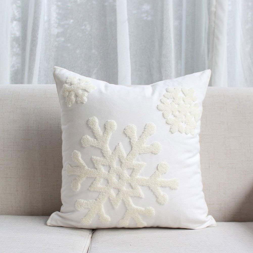 Christmas Snowflake Embroidered Throw Pillow Covers - 18x18 Cotton Linen, Set of 2