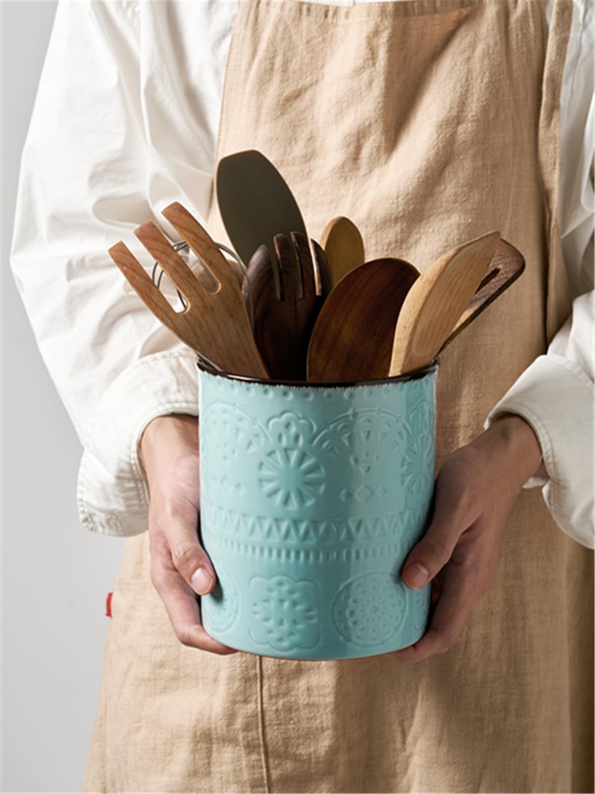 DOWAN Kitchen Utensil Holder, 7.2” Extra Large Farmhouse Utensil Holders for Countertop, Ceramic Utensil Crock, Anti Slip Cork Bottom, Teal Utensil Organizer for Home Décor, Housewarming Wedding Gift