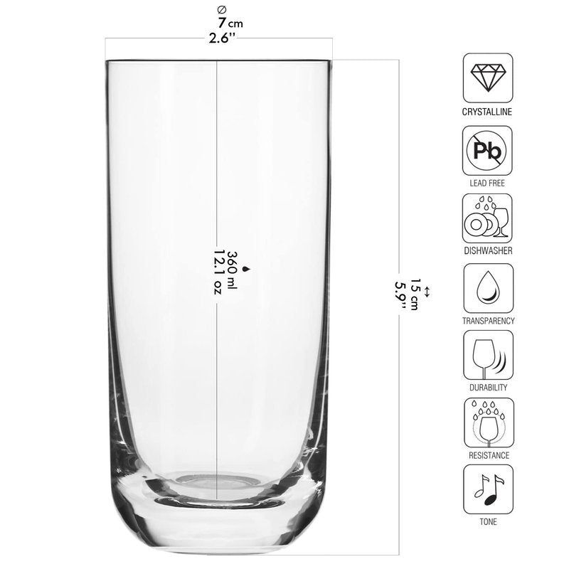 Krosno Long Tall Water Juice Mojito Drinking Glasses, Set of 6 Highball Glasses, 12.1 oz, Glamour Collection, Lead-Free Crystal Glass Drinking Glasses, Water Glasses, Made in Europe