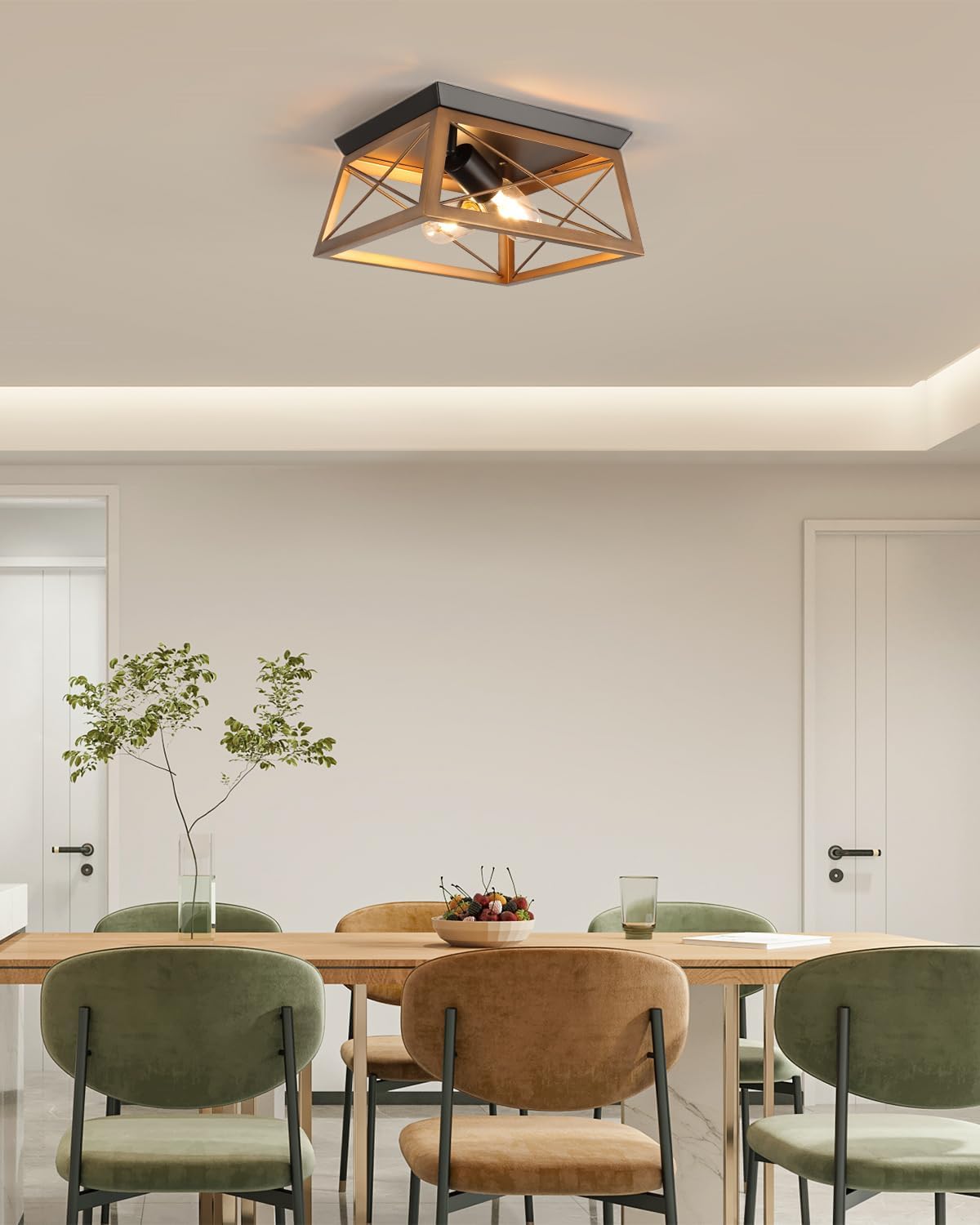 Farmhouse Flush Mount Ceiling Light Oak White Ceiling Light Fixtures 2-Light Industrial Vintage Metal-Framed Ceiling Lighting for Hallway Foyer Kitchen Dining Room Bedroom Living Room Laundry