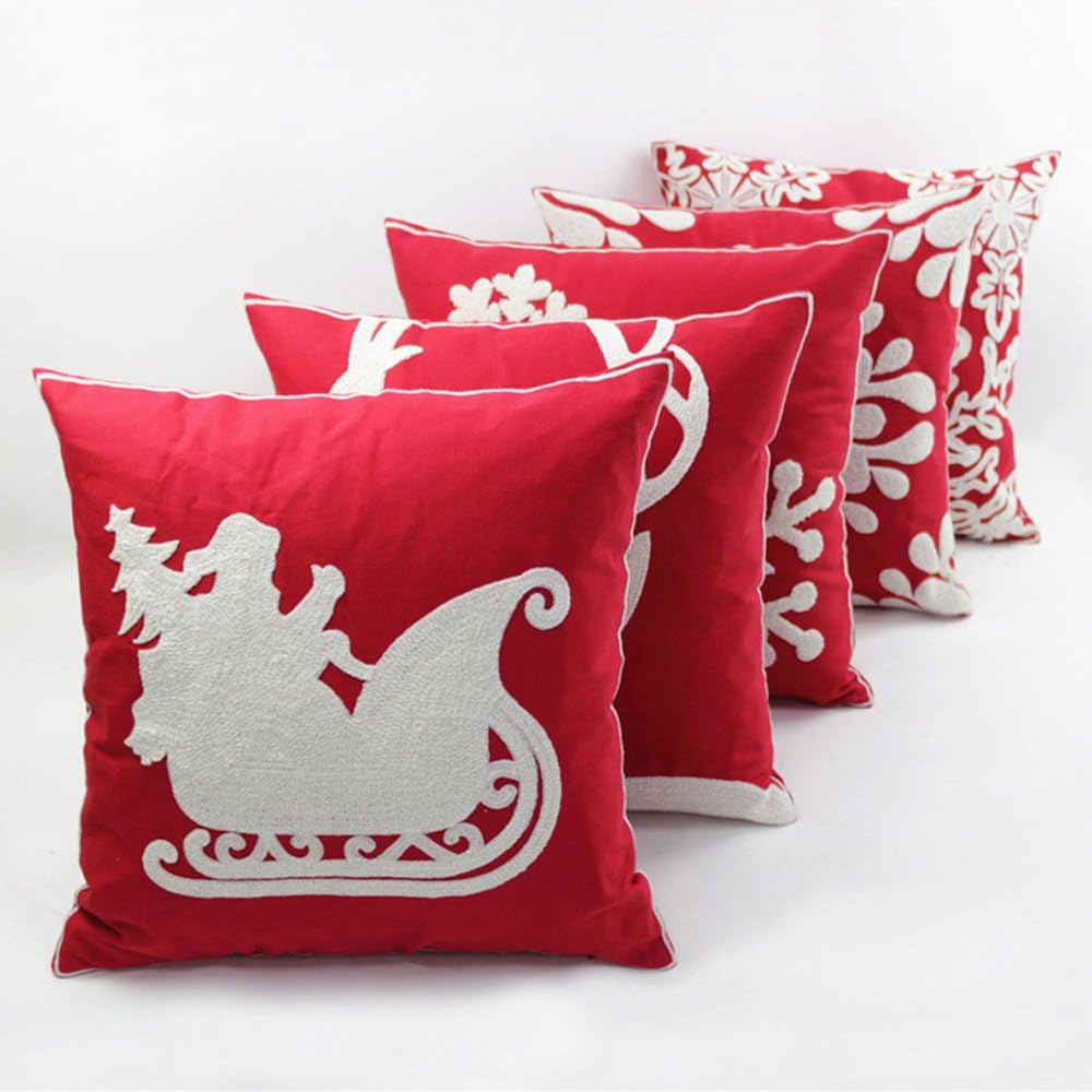 Christmas Pillow Cover 18x18 - Embroidered Sleigh & Snowflakes - Winter Decorative Cushion for Sofa & Bed