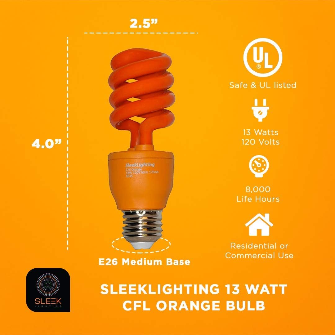 13W Orange Spiral CFL Light Bulb - UL Approved, E26 Medium Base, Pack of 4