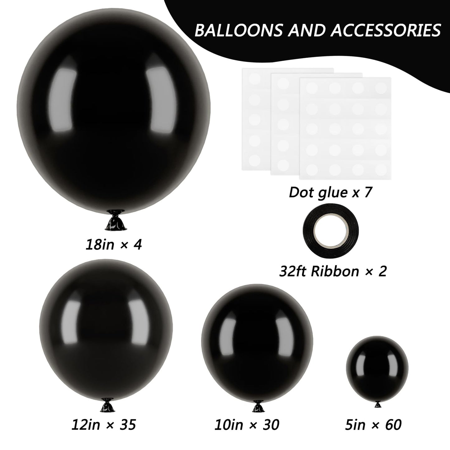 RUBFAC Black Balloons for Balloon Arch 129pcs Different Sizes Pack of 18 12 10 5 Inch Garland Kit, Latex Halloween Balloons for Party Decorations Birthday Wedding Decor
