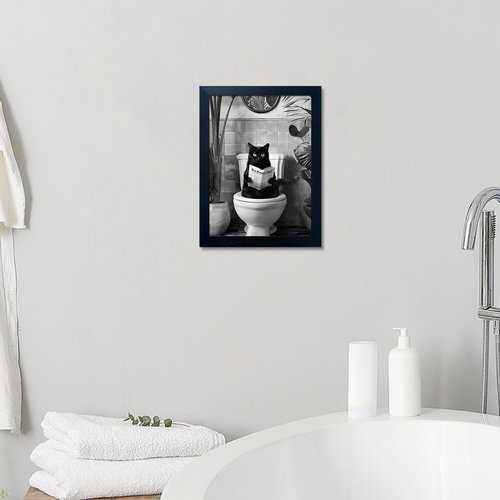 Funny Black Cat Bathroom Wall Art - Humorous Framed Canvas Print | Black and White Decor