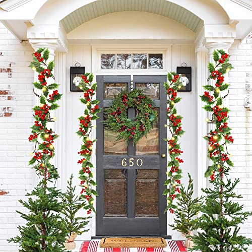 ATDAWN 9 FT Red Berry Christmas Lighted Garland, Battery Operated Christmas Garland with Lights, Flexible Artificial Garland for Indoor Home Fireplace Christmas Holiday New Year Decoration