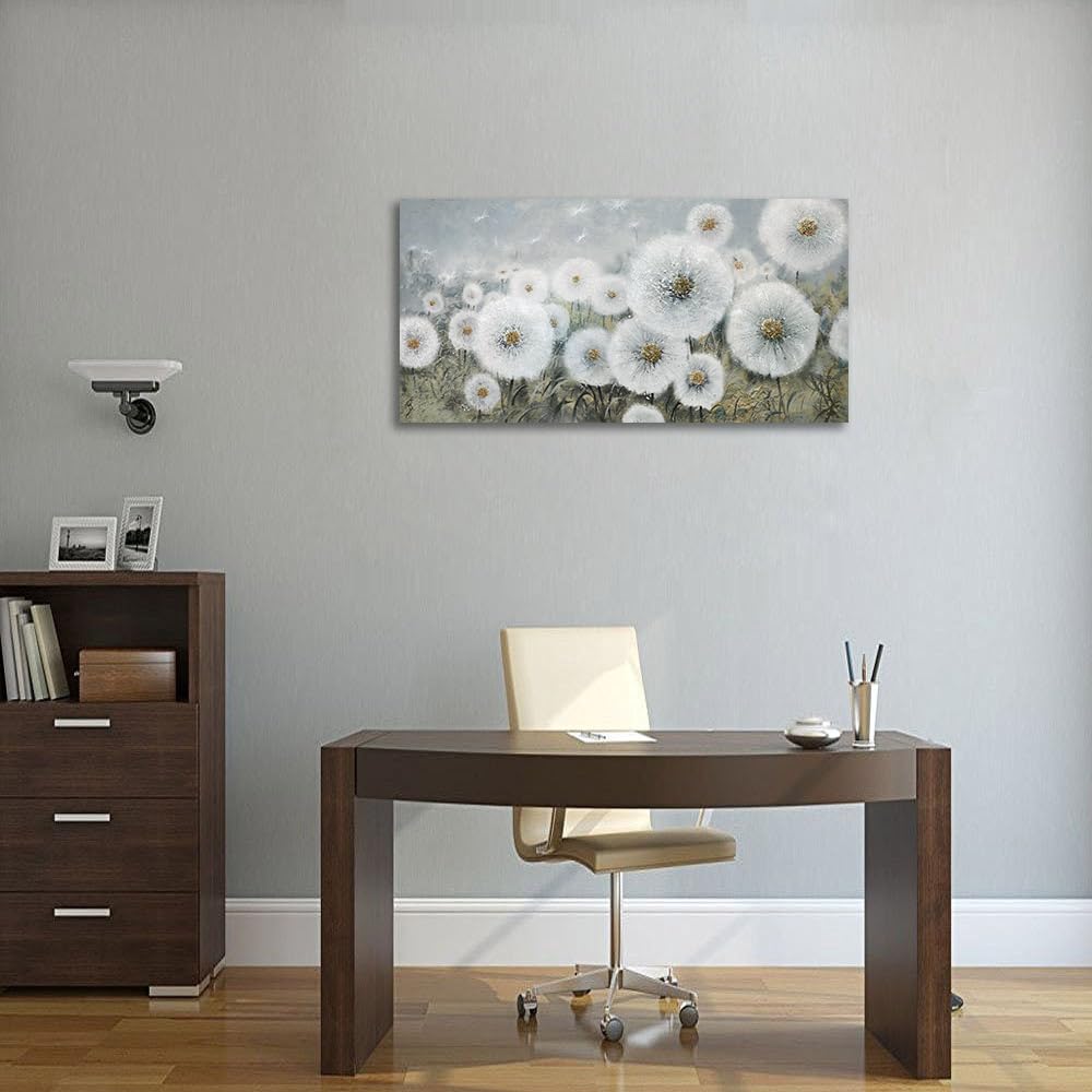 Ardemy Flowers Wall Art Canvas Dandelions Painting White Bloosom Artwork Modern Landscape, Floral Picture Hand Painted Textured Large Framed for Living Room Bedroom Bathroom Home Office Decor 40"x20"