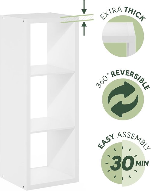 Furinno 3-Cube Bookshelf - Extra Thick Frame & Reversible Design | 14.6" x 16" x 44" - White