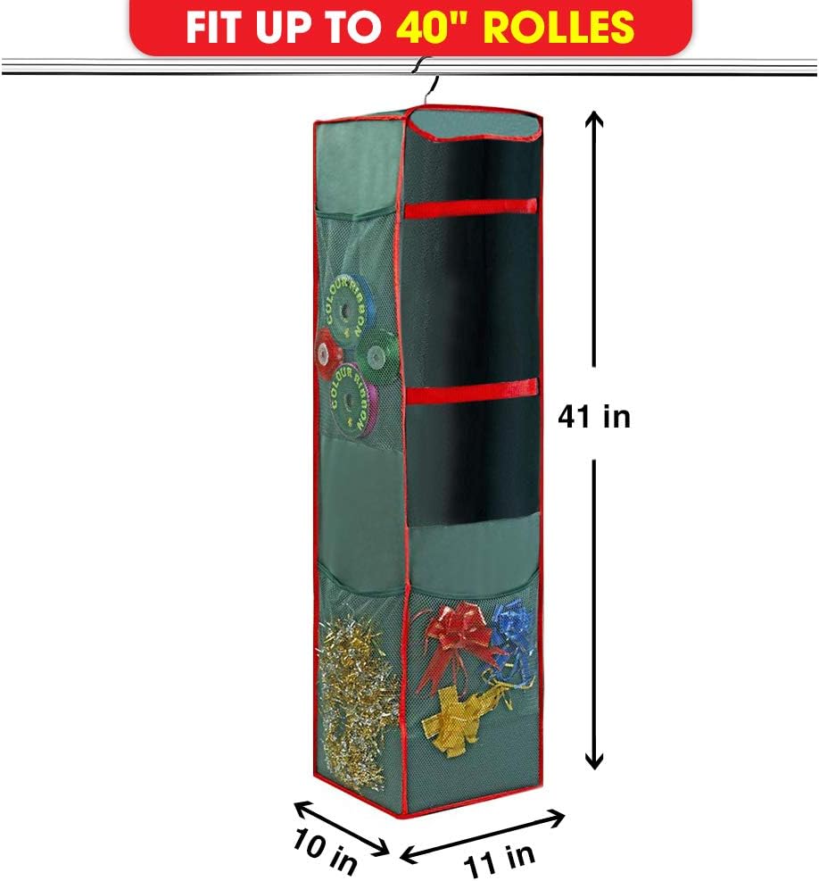 ProPik Christmas Wrapping Paper Storage Bag - Swivel Hanger with Multiple Pockets | Holds 25 Rolls, 40 Inch, Green