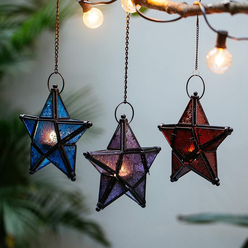 Purple Star Lantern Candle Holder - Decorative Hanging Glass Lantern for Home & Garden