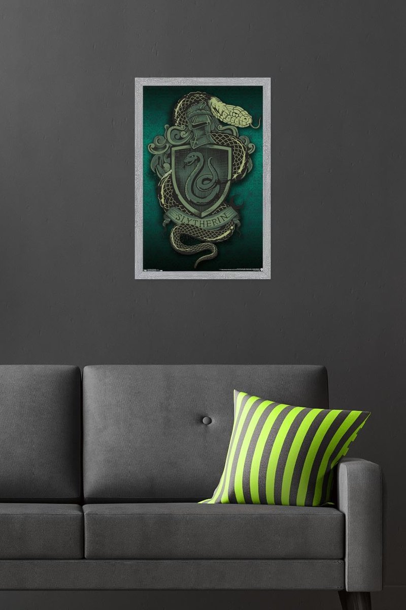 The Wizarding World: Harry Potter - Slytherin Snake Crest Wall Poster, 22.4L" x 14.7W", Gray Framed Version