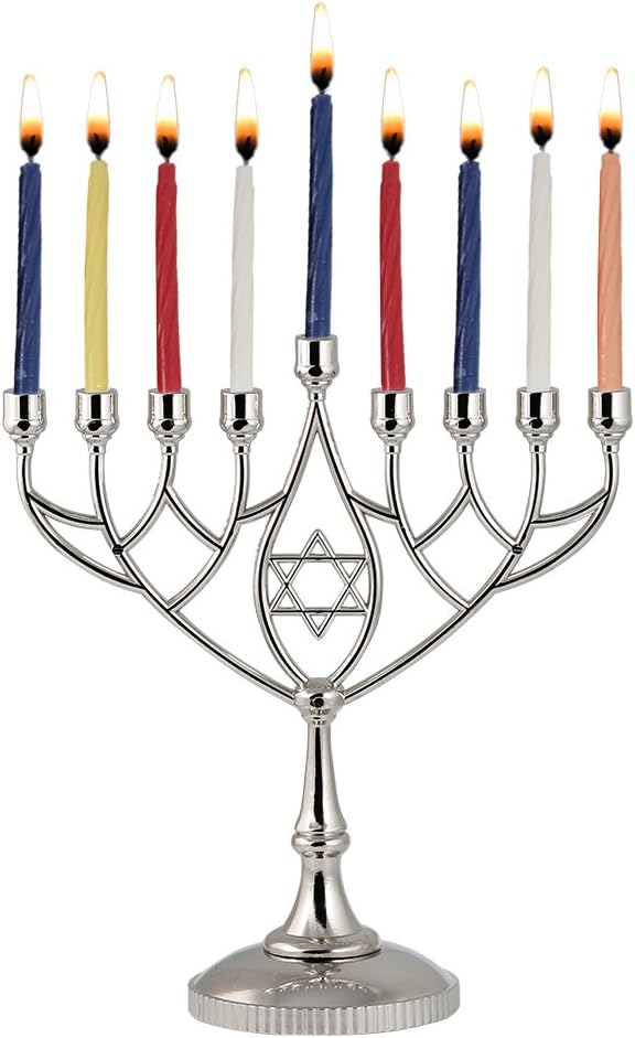 Silver Plated Geometric Hanukkah Menorah - 9" Classic Chanukah Candle Holder by Zion Judaica