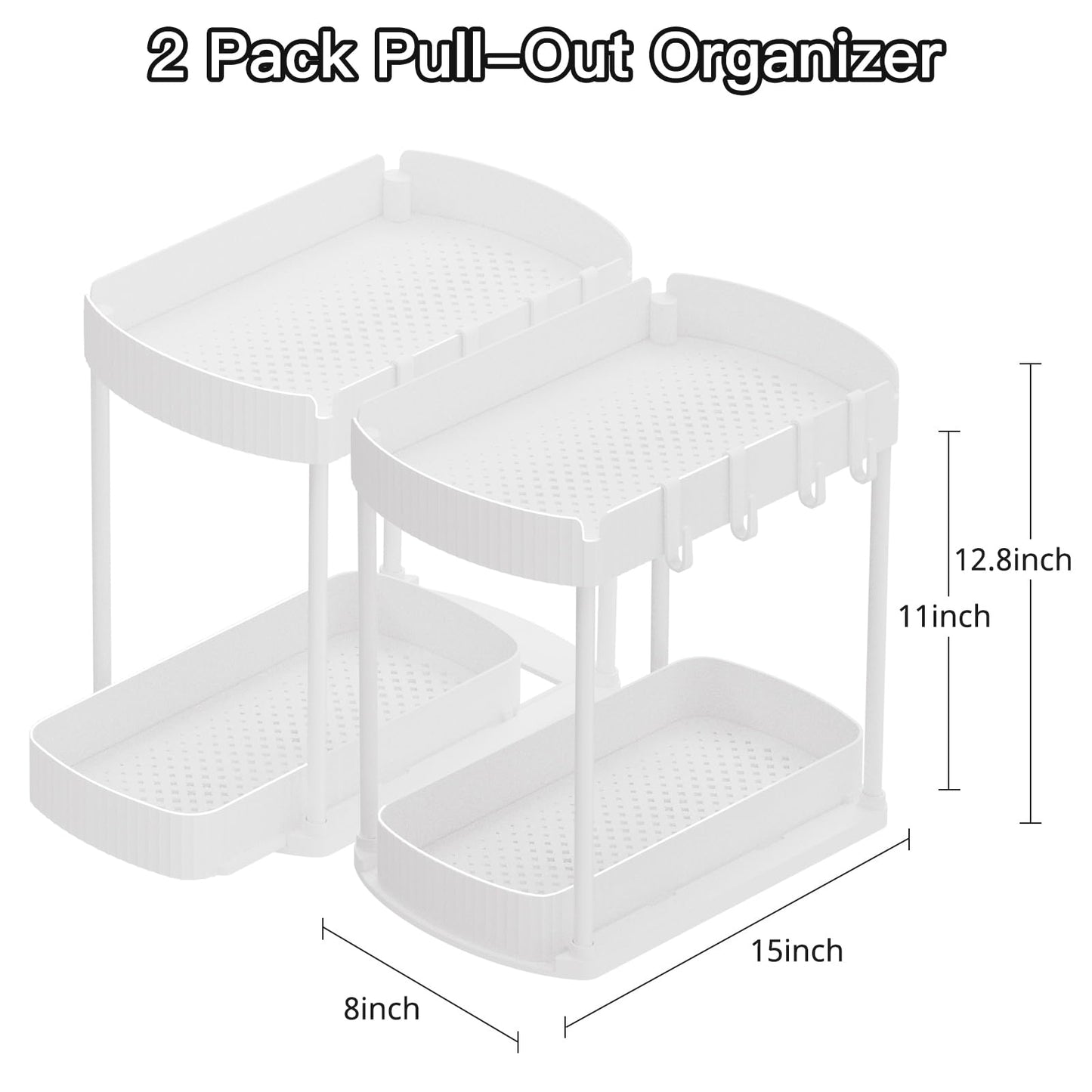Ukeetap 2 Pack Multi-Purpose Pull-Out Storage Organizers, Under Sink & Cabinet Storage, 12.8 Inch, White