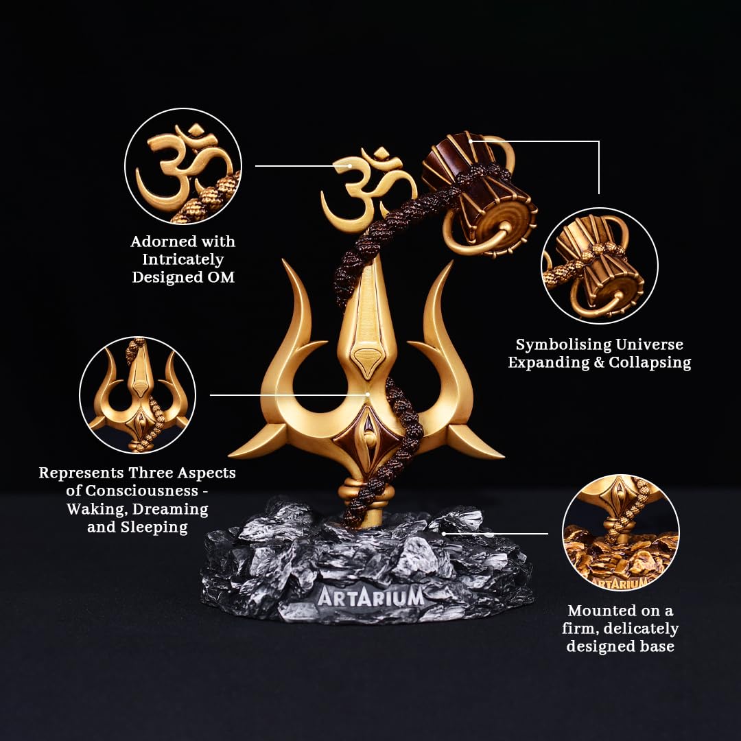 Trishul Damru Statue - Resin & Marble Shiva Statue for Car Dashboard, Office Desk, Home Decor, Hindu God Idol, Lord Shiva Murti, Pooja & Gifts for Women - Perfect Car Accessories, Room & Table Decor