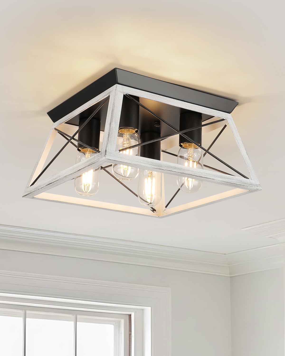 Farmhouse Flush Mount Ceiling Light Oak White Ceiling Light Fixtures 2-Light Industrial Vintage Metal-Framed Ceiling Lighting for Hallway Foyer Kitchen Dining Room Bedroom Living Room Laundry