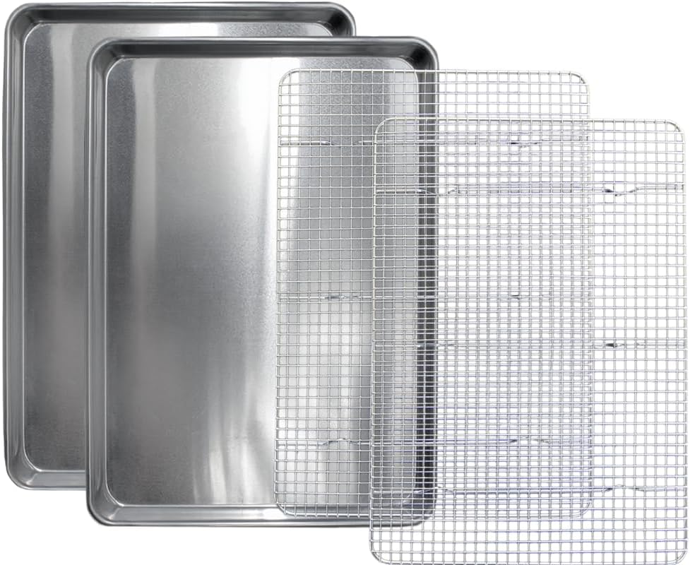Skiennix Cookie Sheet Set - Commercial Quality Aluminum Baking Pan & Stainless Steel Cooling Rack | 13x18, Rust & Warp Resistant