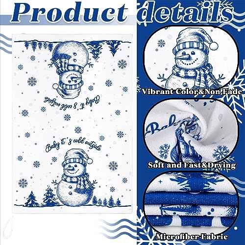 Sratte 4 Pcs Blue Christmas Kitchen Towels 16 x 24 Inch Merry Christmas Hand Towels Winter Let It Snow Snowman Dish Cloths Absorbent Xmas Tea Dishcloths for Home Bathroom Xmas Kitchen Decor