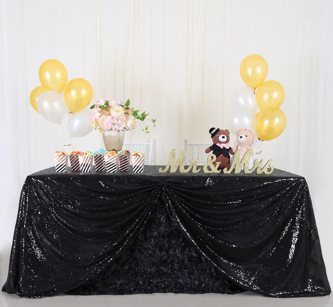 Black Sequin Tablecloth 50x80" – Shimmer Rectangular Overlay for Weddings & Parties