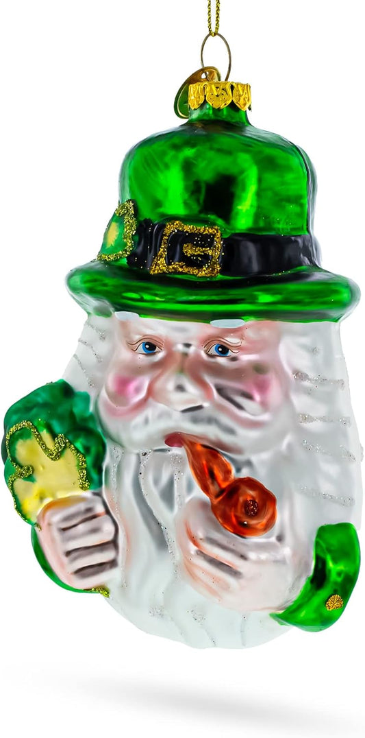 Irish Santa Christmas Ornament with Shamrock & Pipe - Festive Holiday Decor