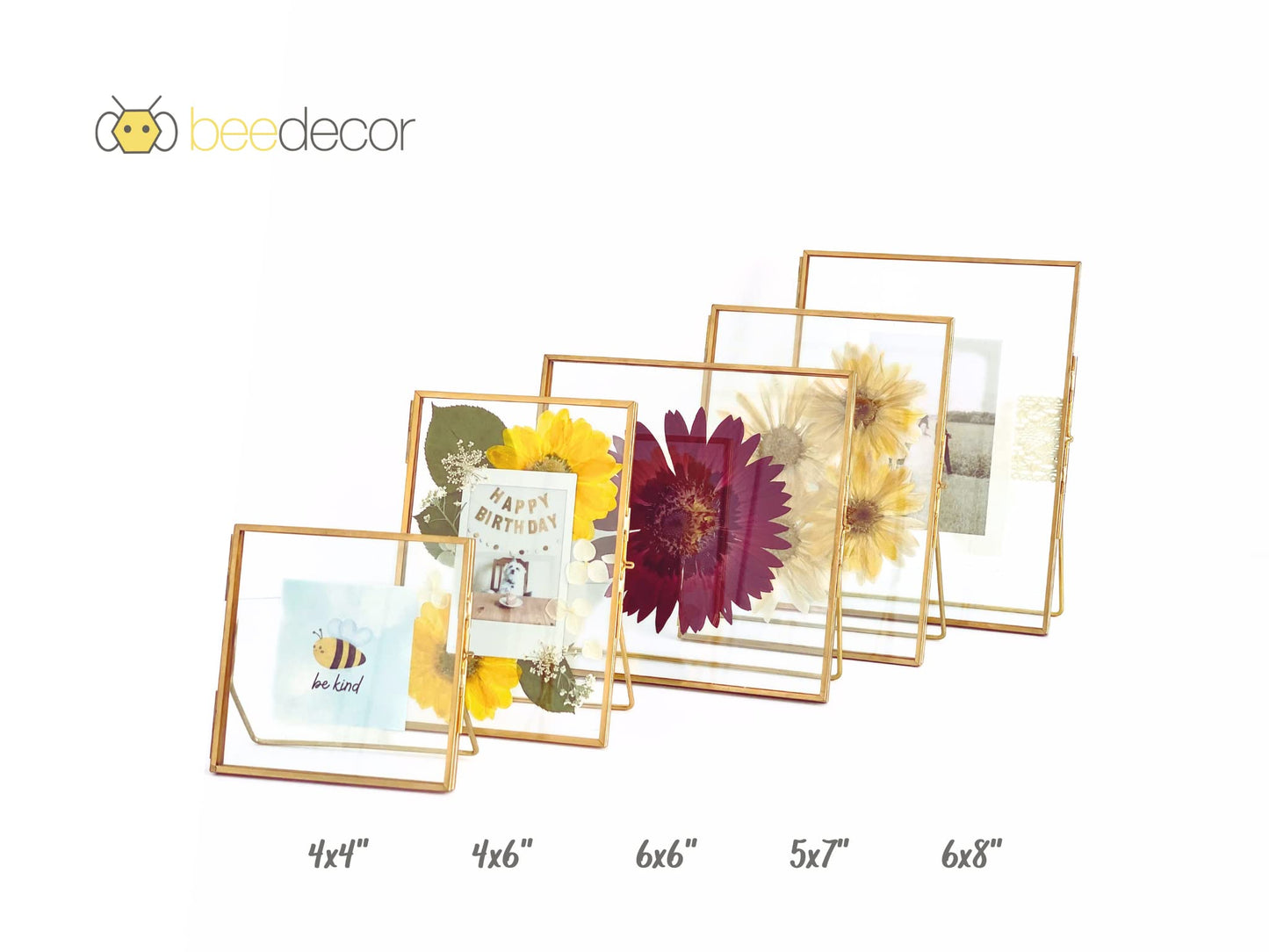 Beedecor Double Glass Frame for Pressed Flowers, Leaf and Artwork,Gold 6x6 Standing Square Metal Picture Frames, Set of 2 Pressed Flower Frames with Stand (Gold, 6x6)