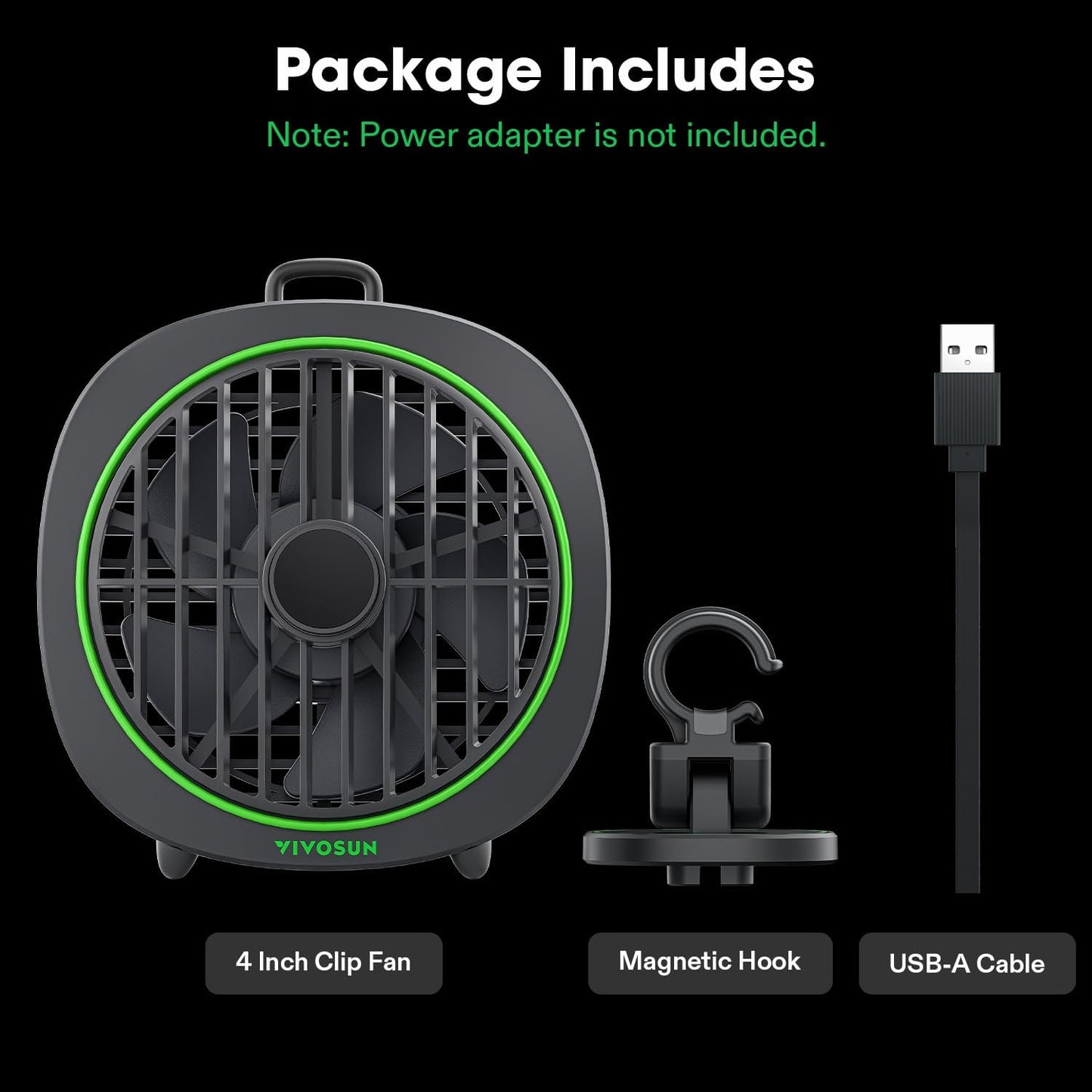 VIVOSUN AeroWave D4 Clip Fan - 4” Hydroponics Fan with 3-Speed Quiet Airflow & Adjustable Angle | Black