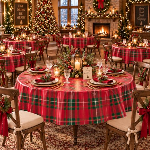 Jectivs 3-Pack 84 Inch Christmas Buffalo Checkered Plaid Disposable Tablecloths - Red & Green Holiday Party Supplies