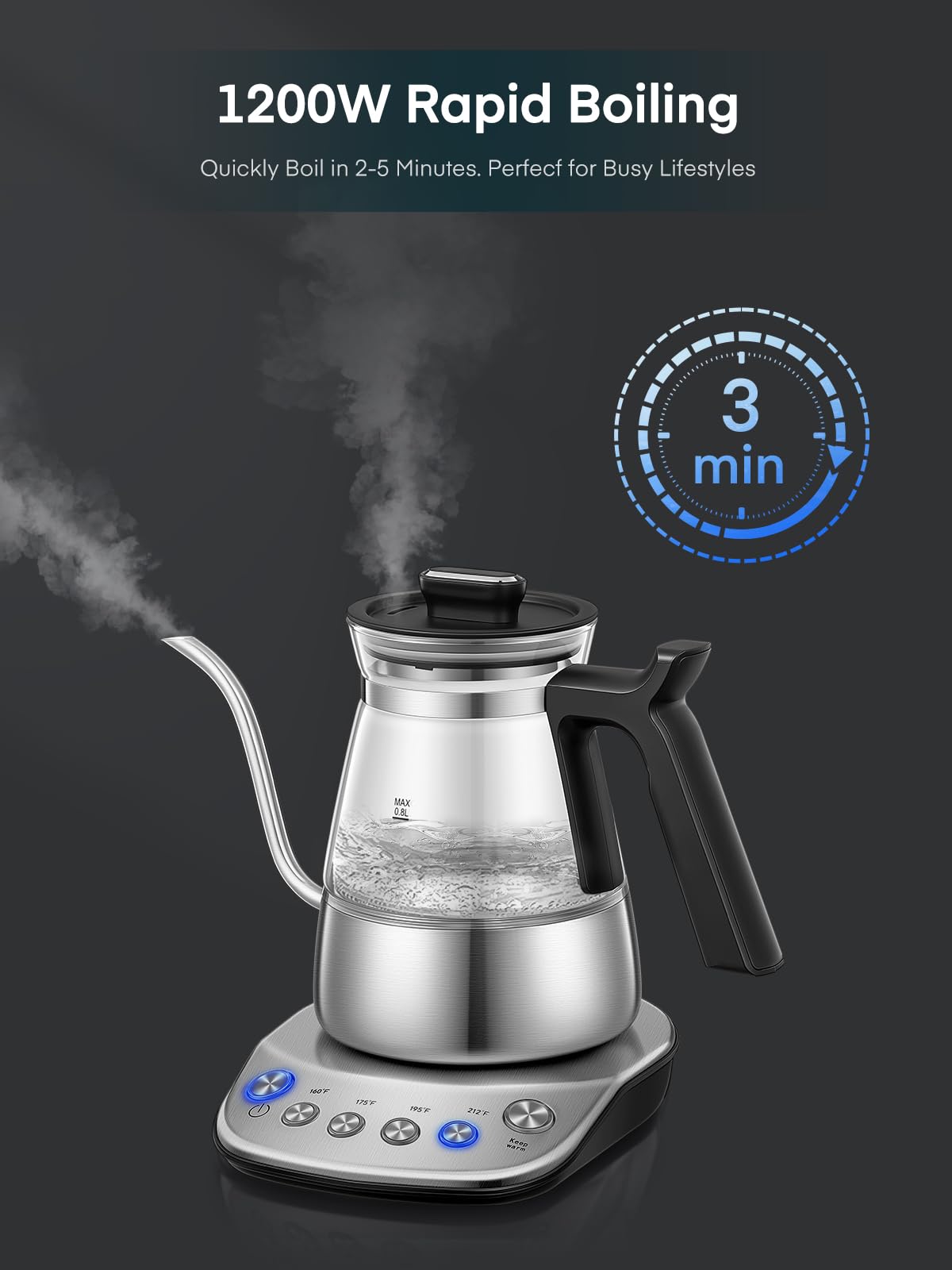Aiheal Gooseneck Electric Kettle, Glass Electric Tea Kettle with 4 Temperature Control Presets and Keep Warm Function, Pour Over Kettle for Coffee and Tea, Hot Water Boiler, Quick Heating, 1200W/0.8L