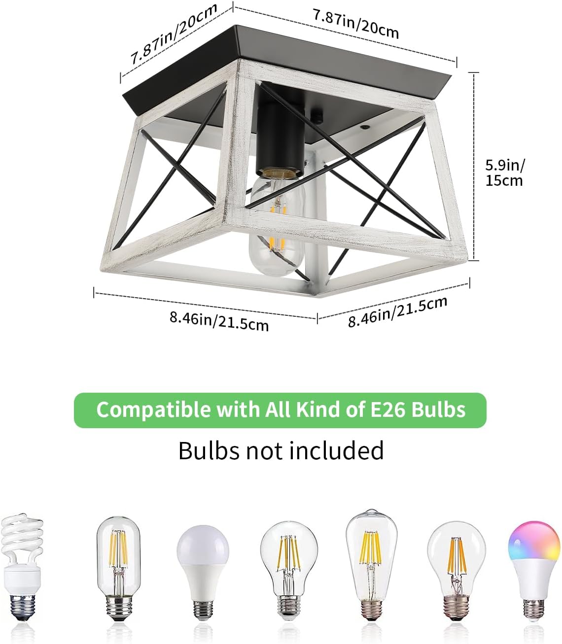 Farmhouse Flush Mount Ceiling Light Oak White Ceiling Light Fixtures 2-Light Industrial Vintage Metal-Framed Ceiling Lighting for Hallway Foyer Kitchen Dining Room Bedroom Living Room Laundry