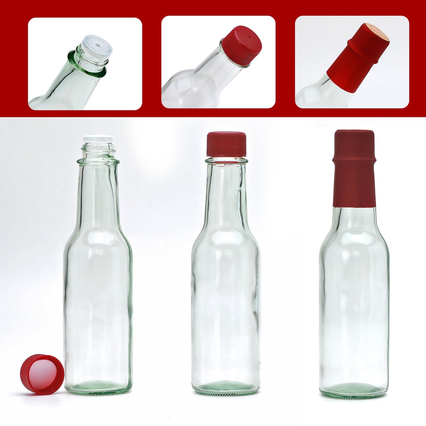 Brajttt 16 pcs 5oz Vanilla Extract Bottles for Homemade,Clear Woozy Bottles with Red Cap,Mini Oil Bottle with Shrink Band for Kitchen,Home Brewing Wine, Sauces and Beverages