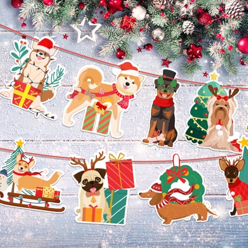 Cute Christmas Dog Puppy Reindeer Antlers Hanging Scarf Hat Banner for Xmas Birthday Holiday New Year Party Wall Home Office Decor