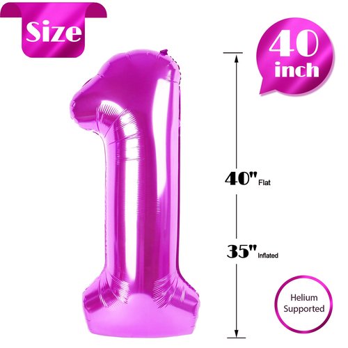40 Inch Rosy Purple 1 Balloon for First Birthday, 1st Number Balloons Birthday Decorations for Girl Kids Toddler Baby, One Giant Number 1 Balloon