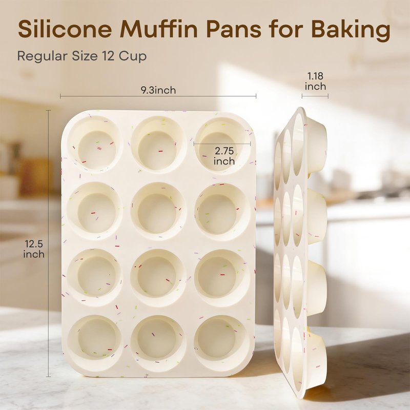 Ruinovate Silicone Muffin Pans for Baking Nonstick 2 Pcs, 12 Cup Regular Cupcake Pan, Food-Grade Silicone Baking Molds for Cupcakes, Egg Bites, Freezer, White