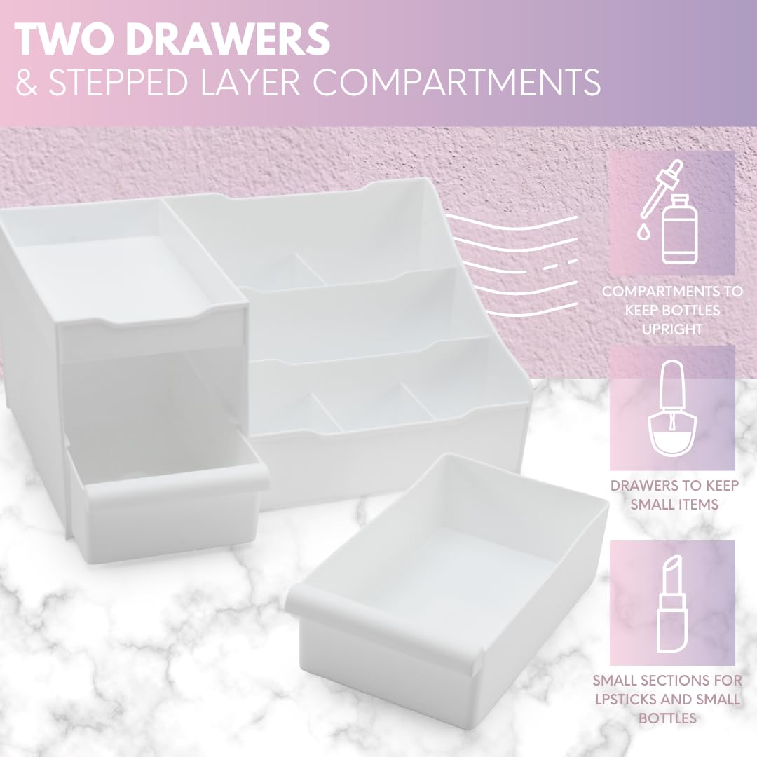 Mantello Makeup Organizer for Vanity, White Cosmetics Organizer, Cosmetic Organizer for Makeup and Toiletries, Make Up Organizers and Storage for Vanity's