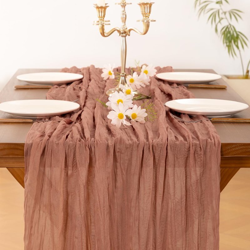 Socomi 10pcs Dusty Rose Summer Cheesecloth Table Runner Boho Rustic Gauze 120 inch 10FT Cheese Cloth Sheer Runner for Wedding Party Baby Shower Birthday Home Decor Holiday Decorations