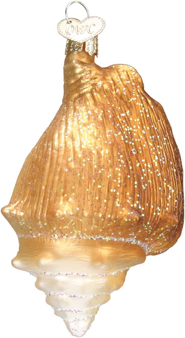Beach Shells Glass Blown Ornaments for Christmas Tree - Junonia Shell, Tan/Brown/White/Gold