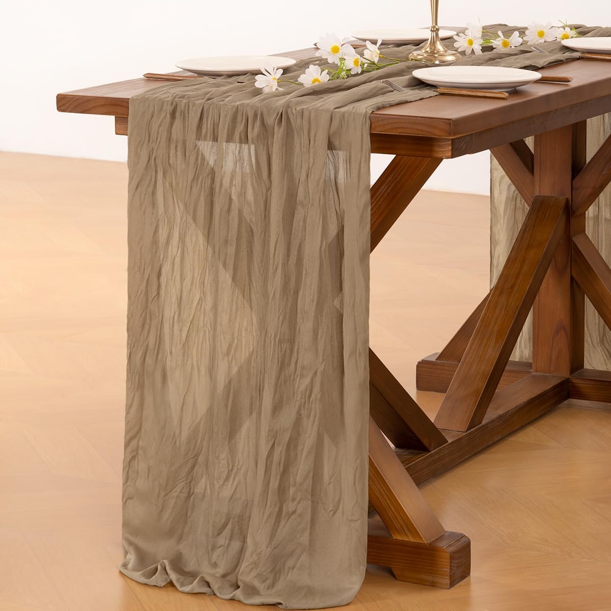 Socomi Cheesecloth Table Runner - 120 Inch Nude Brown Boho Rustic Decor for Weddings & Events