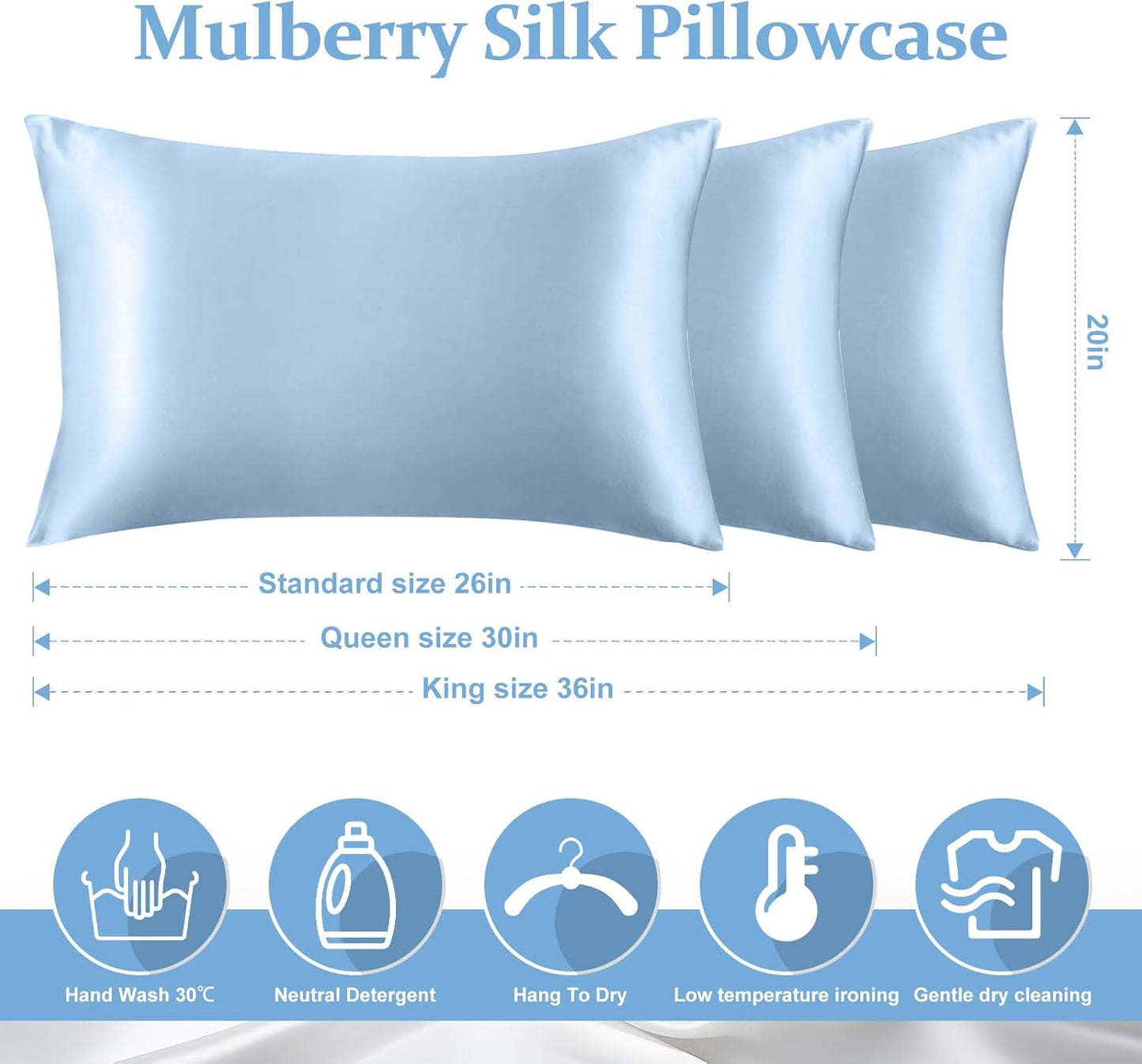 Skiennix 100% Pure Silk Pillowcases - Cooling Mulberry Silk for Hair & Skin | Standard Size, Light Blue - 2 Pack