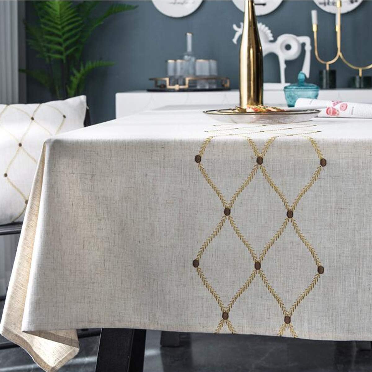 Heavyweight Cotton Linen Embroidery Tablecloth - Waterproof & Dust-Proof for Kitchen Dining (53 x 70 Inch, Rectangle/Oblong)