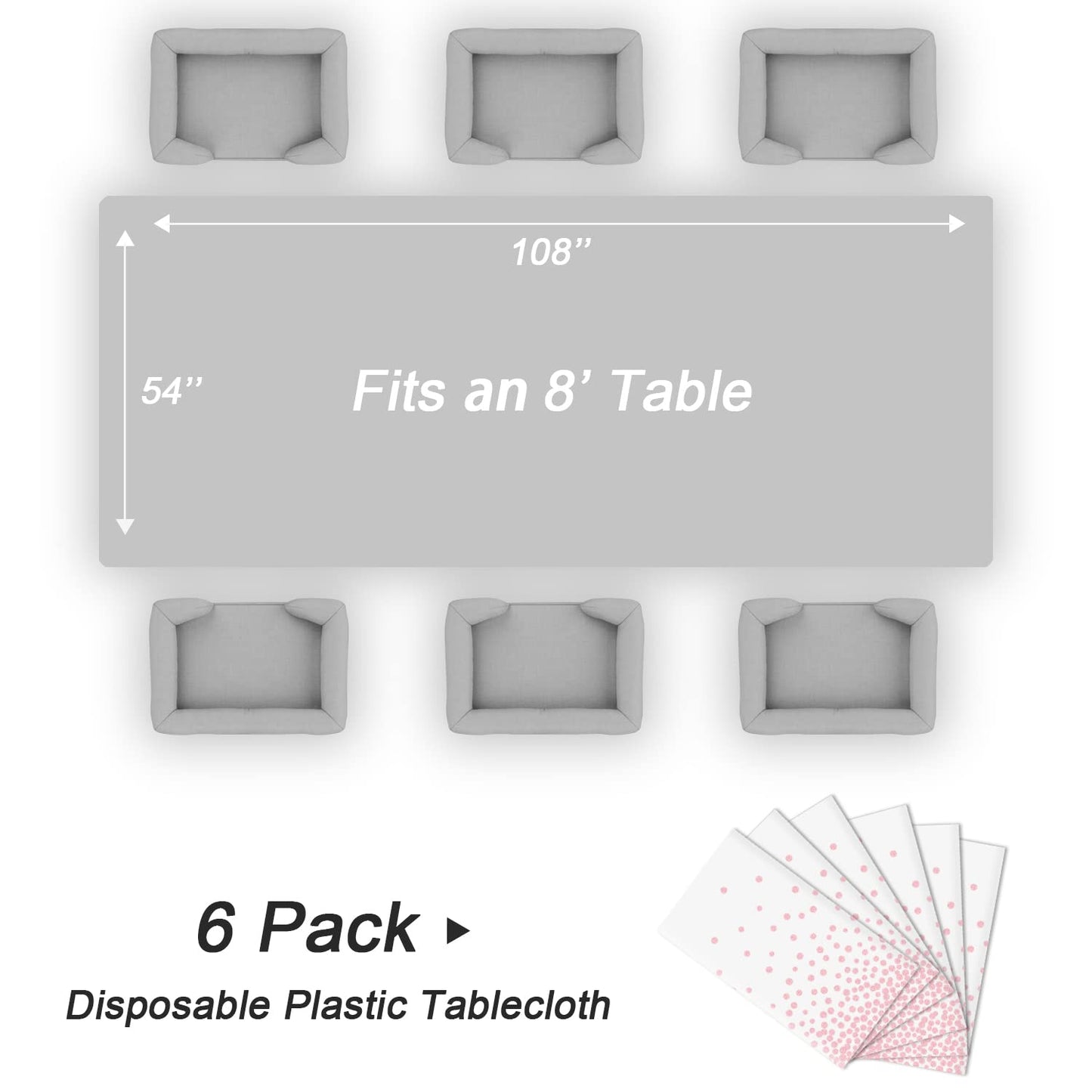 QIKSION 6 Pack White and Pink Dot Plastic Tablecloth, Waterproof Disposable Party Table Cloths for Baby Shower, Wedding, Anniversary, Birthday Party(54 × 108 Inch)