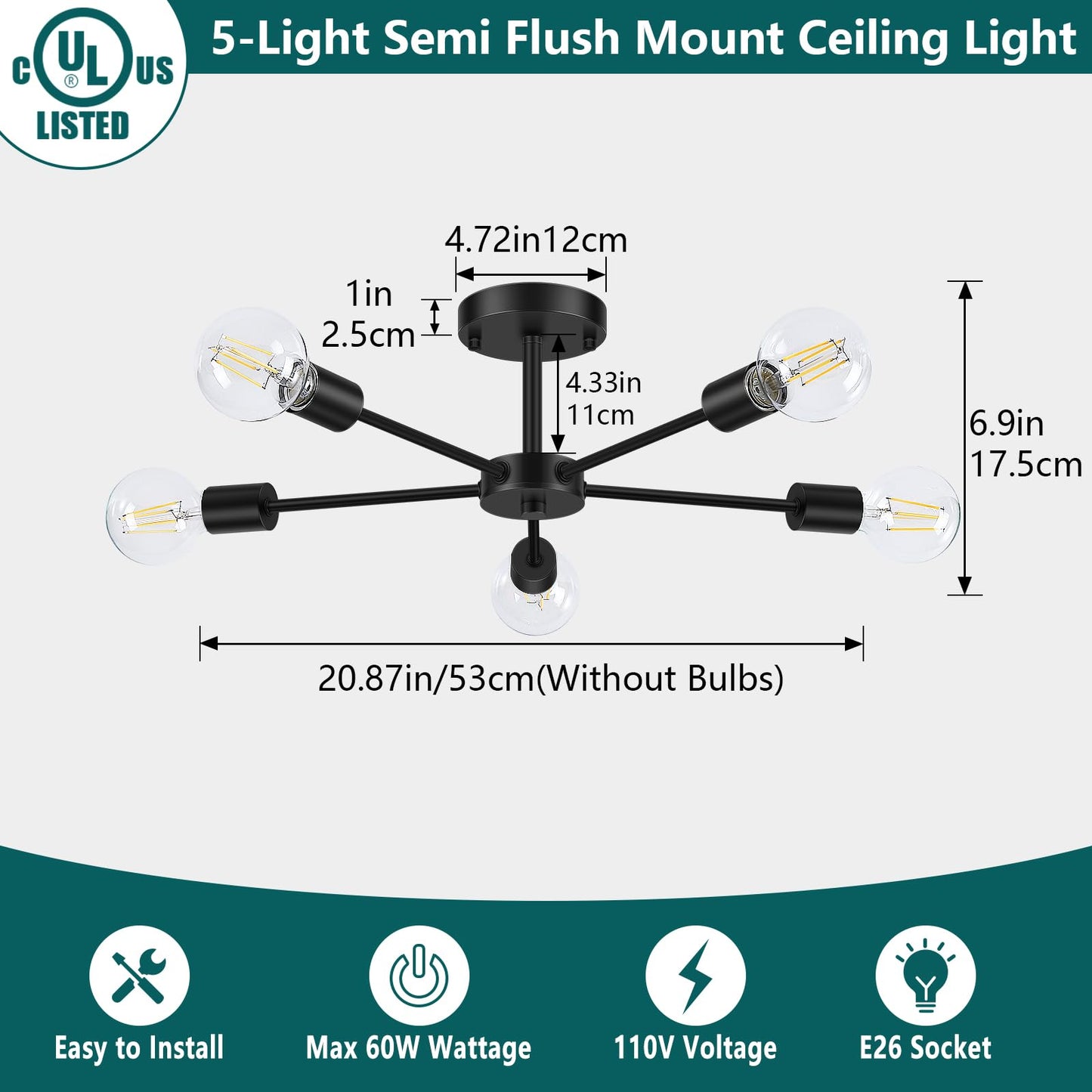 Lomoky 5-Lights Black Semi Flush Mount Ceiling Light, Hallway Light Fixtures Ceiling with E26 Base, Modern Sputnik Light Fixtures for Kitchen Bedroom Living Room