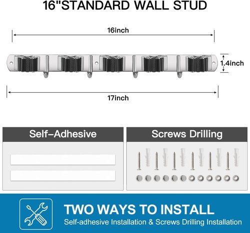 IMILLET Wall Mount Broom Holder - Stainless Steel Organizer with 5 Racks & 4 Hooks | Heavy Duty Storage Solution for Laundry Room & Garage