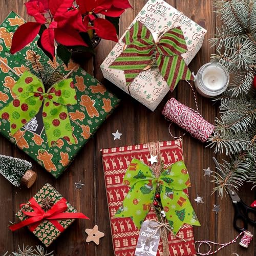 12 Pcs Christmas Bow Decorations - Glitter Red, White, Green Holiday Gift Wrap & Tree Ornaments